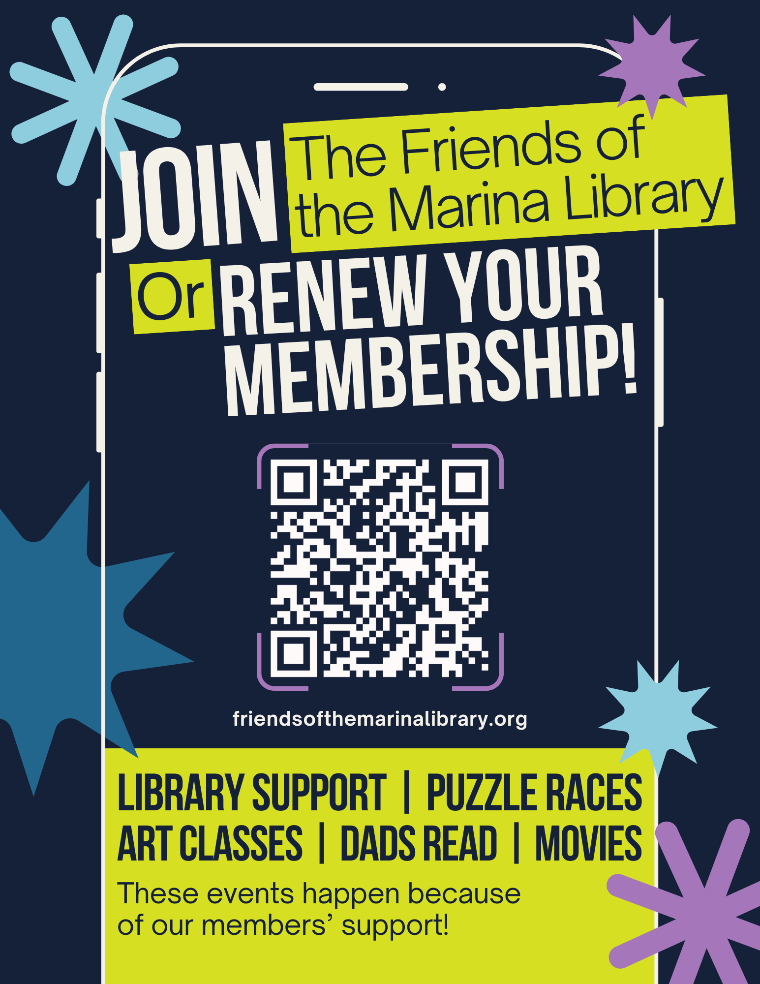 The Friends of the Marina Library exists to support the Marina Branch Library with volunteers and with financial resources. Take a tour of our website to see all that we do and to identify a way that YOU would like to be involved. Help with a book sale, create a new community program, or just pay a membership fee and know that you are helping make the Marina Library the best library it can be.