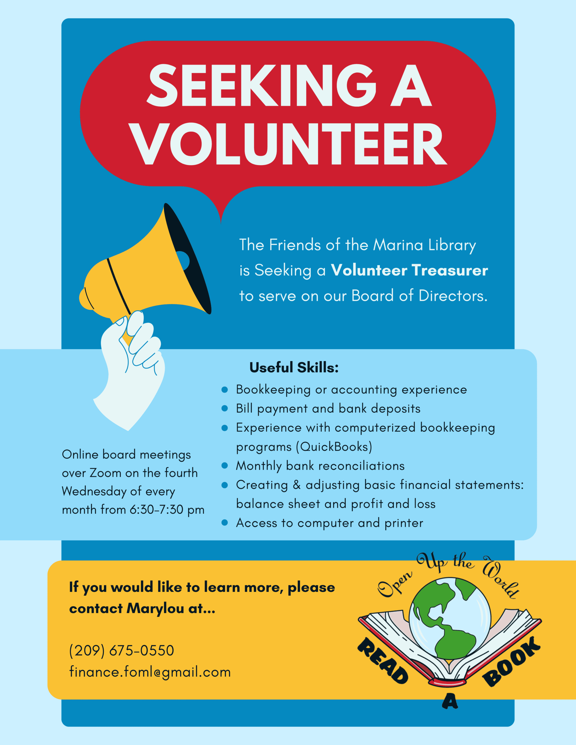 The Friends of the Marina Library relies on volunteers! Please join us! The list of volunteer opportunities is long, and if you want suggestions or want to suggest new ideas to us, contact Dana Cleary (cleahoff@gmail.com) and explain your interests and time limitations.